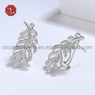 Trendy 925 Sterling Silver CZ Pave&#160;Long&#160;Feather&#160;Dangle Earring Jewelry