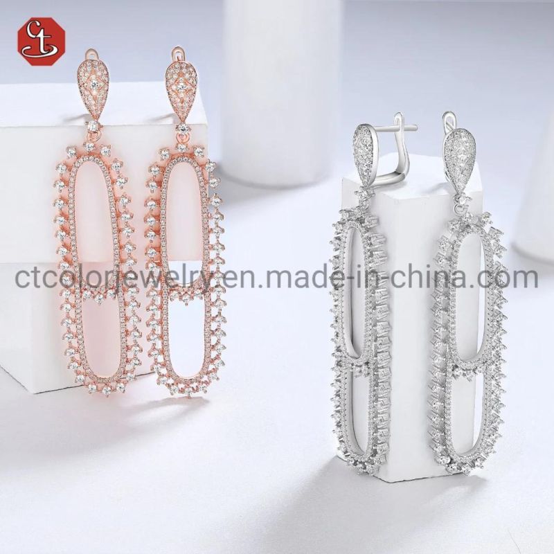 Fashion Jewelry Trendy 925 Sterling Silver CZ pave Prong Dangle Earrings