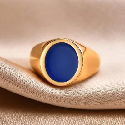 Stainless Steel Drop Blue Glue Oval Golden Ring Ladies Smooth Men&prime;s Ring