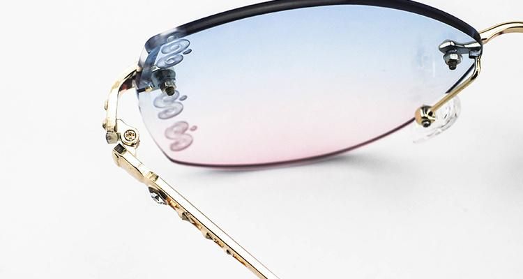 Diamond-Encrusted Engraved Metal Rimless Frames Women Sunglasses