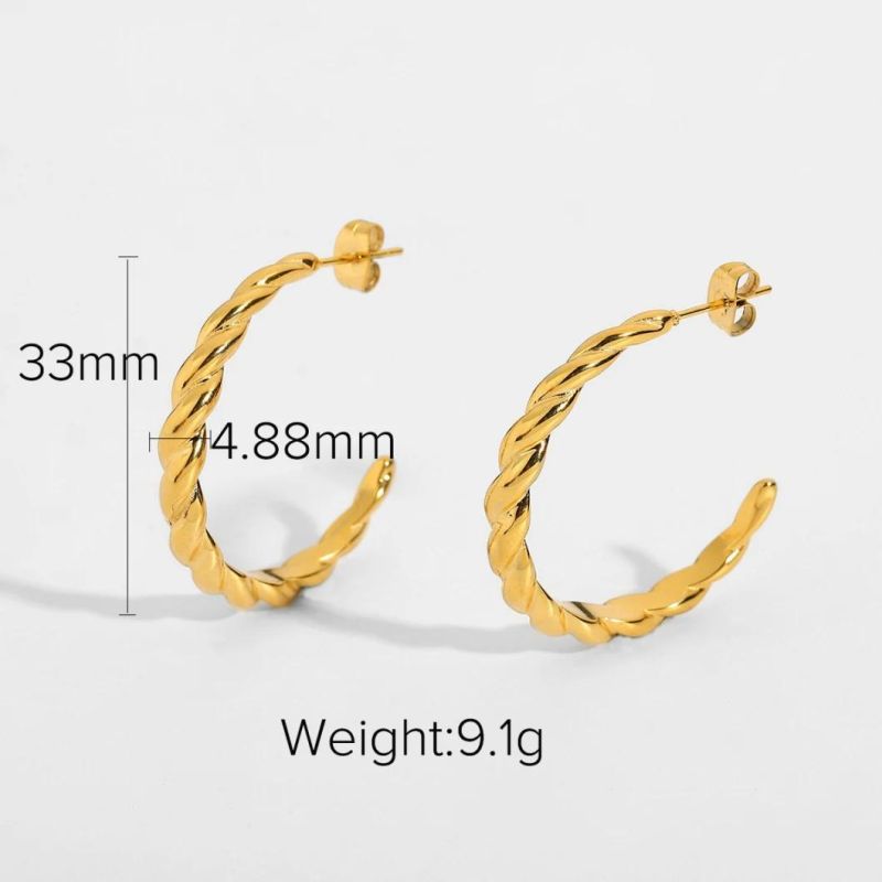 Ins Web Celebrity Ladies Gold Rope Twist Ring Earrings 18K Gold Plated Stainless Steel Earrings