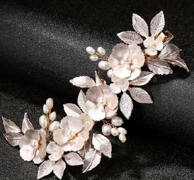 Bridal Wedding Gold Enamel Leaf Flower Hair Comb Hair Clip with Natural Pearls for Women, Bridal Headpiece