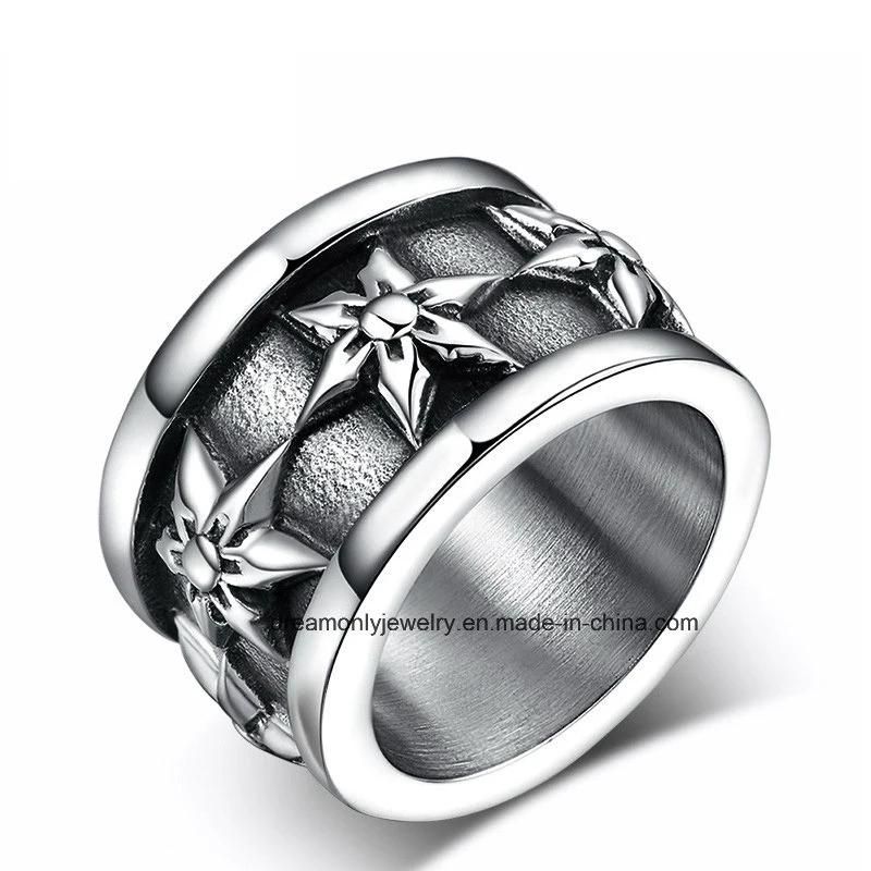 Vintage Black Stainless Steel Flower Men′s Ring, Punk Ring
