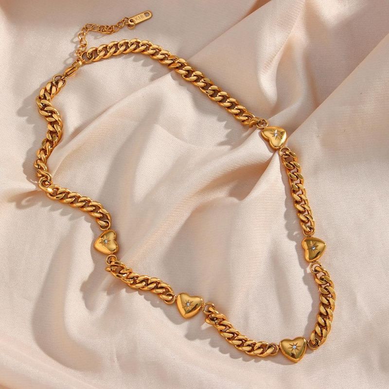 Factory Customized Fashion Retro Fashion Ins Jewelry Stainless Steel Electroplating 18K Gold Zirconium Inlaid Love Pendant Cuban Chain Necklace