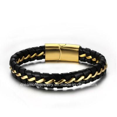 Fashion Leather Bracelet Gold Wire Design Magnetic Button for Men and Women