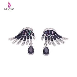 European and American Retro Bright Color Inlaid Crystal Wings Shape Alloy Women&prime;s Earring Water Drop Design Pendant Jewelry