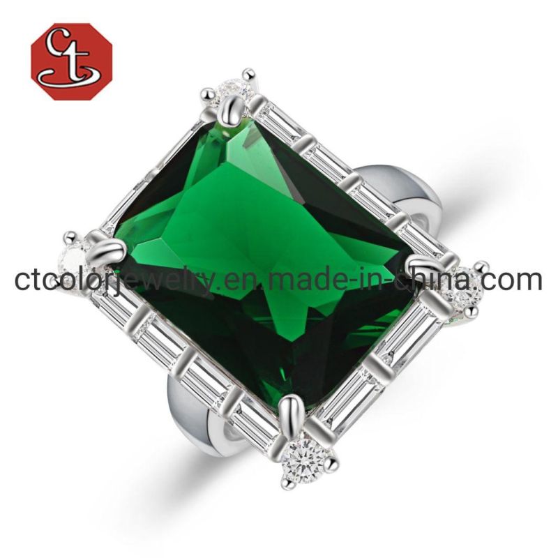 925 Sterling Silver Ring Emerald Cubic Zirconia Gemstone Jewelry Wedding Rings for Women