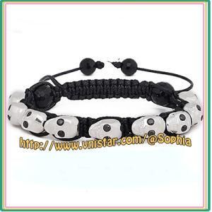 925 Sterling Silver Skull Beads Macrame Bracelet SBB164-12 with Black Stones