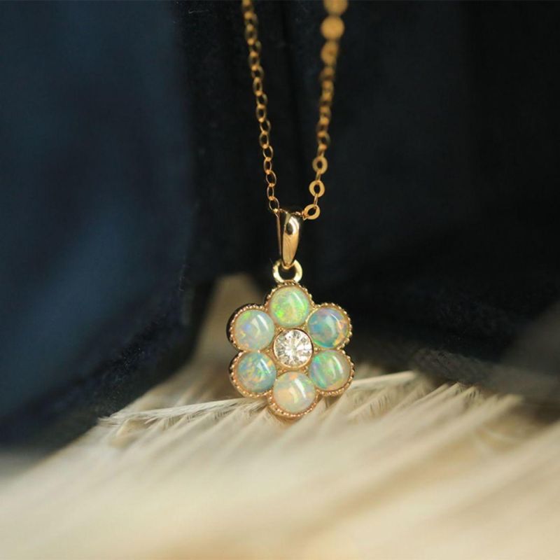 18K Yellow Gold Plated Pendant with Lab Opal Round Shape Gem Opal Zircon Center Stone Necklace