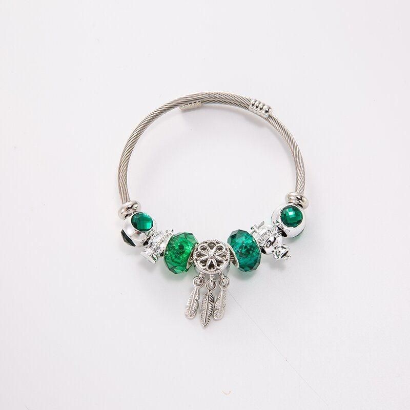 Fashion Jewelry DIY Crystal Clover Beaded Dreamcatcher Stainless Steel Bangle