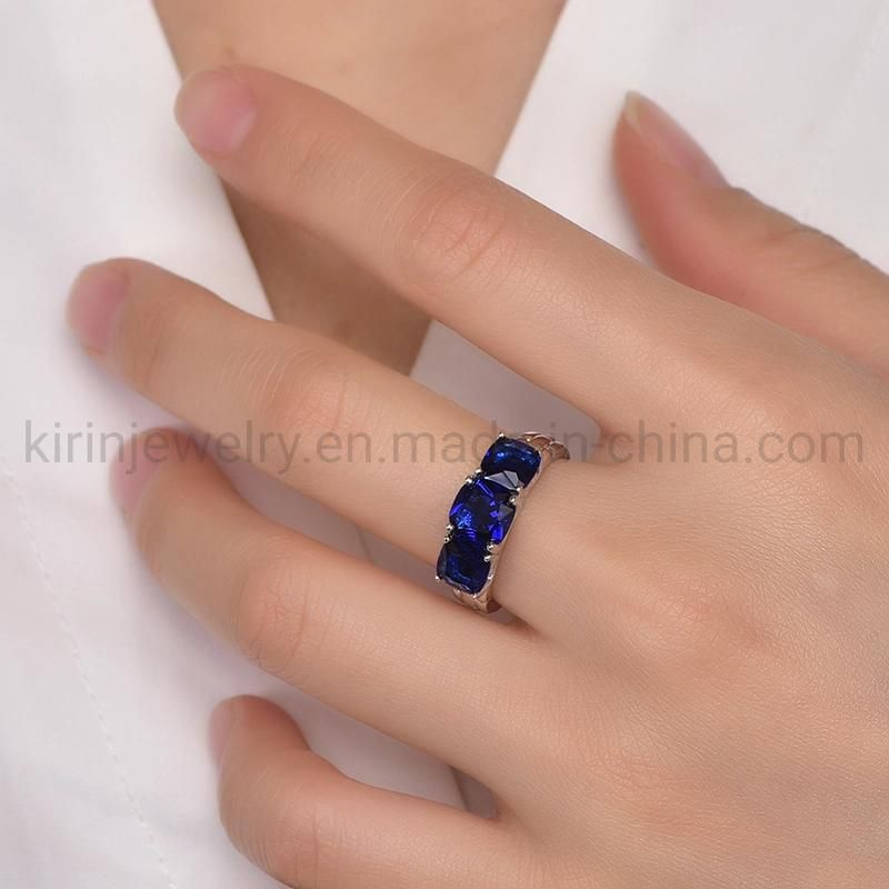 Women Three Stone Rings 925 Sterling Silver Ring Cushion 3 Aquamarine Blue Gemstone Wedding Diamond Ring