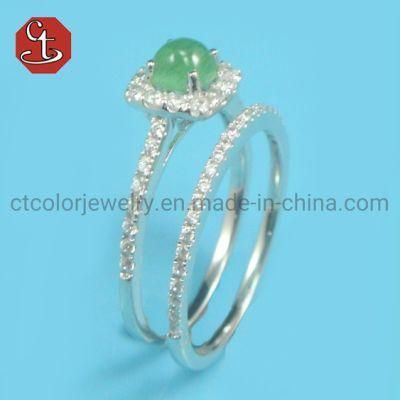 Bridal Sets Inlaid 2PCS Ring Romantic Romantic Proposal Wedding Pave AAA+ Cubic Zircon Green Color Naturel Stone Silver Jewelry