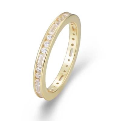 Simple Classic Style Sterling Silver Clear Zirconia 14K Gold Plated Wedding Band Ring