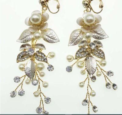 Bridal Wedding Pearl Crystal Ceramic Flower Earring Jewelry, Silver Crystal Elegant Earring for Brides