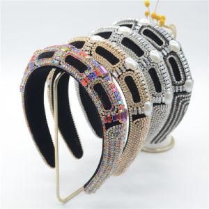 Classic Handmade Oversize Pearls Colourful Rhinestones Leisure Hair Band Fabric Wrap Designer Headband