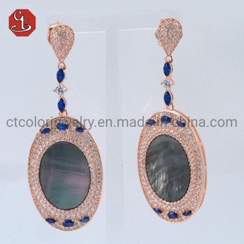 Trendy Elegant Oval Shape Drop Earring Mother of Pearl Pave 3A CZ&Golden Yellow Gem Stone Earrings Jewelry