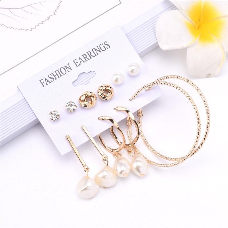 Manufacture Basic 6 Pairs Stud and Hoop Multiple Earrings with Crystal Glass Stone Knot Stud and Diamond Cut out Wire Hoops