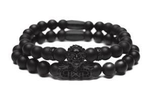 Stack Men Jewelry CZ Zircon Lion Head Beaded Natural Stone Beads Black Onyx Bead Bracelet