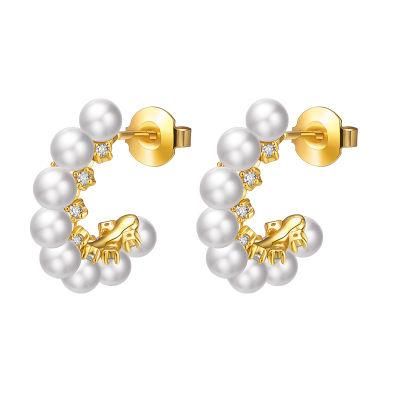 Fashion 925 Sterling Silver Gold Plated CZ Pearl Stud Earrings
