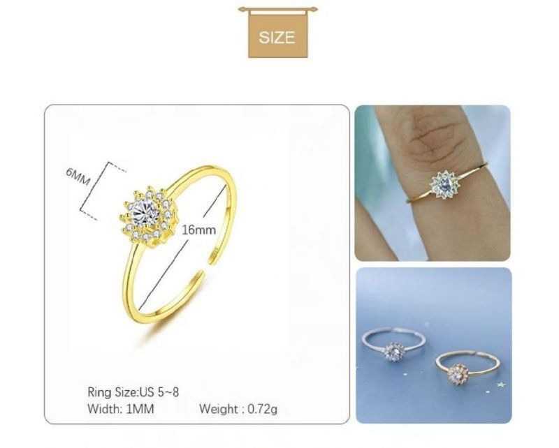925 Sterling Silver Ring Sunflower with Zircon Adjustable Ring CZ Ring for Women Wedding Anniversary Jewelry