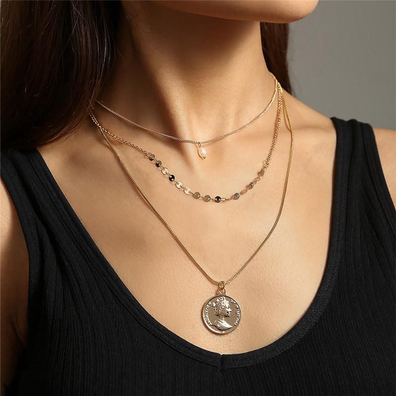 European and American Gold Personality Simple Fashion Round Stamping Chain Freshwater Pearl Head Coin Pendant Multiple Necklace for Women