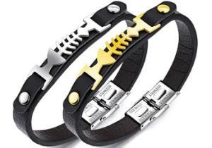 New Fashion Gold/Silver Men Leather Bracelet Simple Design Stainless Steel Fish Bone Charm Bracelet&Bangles