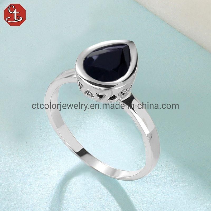 Handmade Fashion Jewelry Black Sapphire White Rhodium Noble Ring for Women
