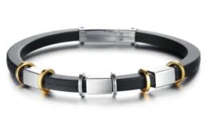 Newest Simple Men Jewelry Black Silicone Rubber Bracelet Silver/Golden Charms Stainless Steel Trendy Men Bracelets