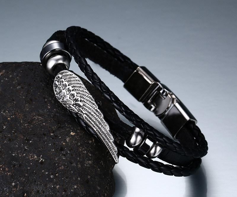 Promotion Gift Feather Black Leather Bracelet Fashion Jewelry
