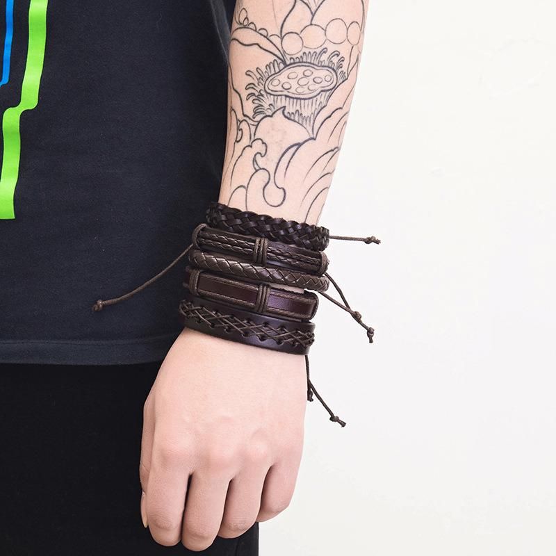 Adjustable Leather Braided Bracelets for Men Women Wrap Wood Beads Bracelet Woven Ethnic Tribal Rope Wristbands Bracelets 5 Pieces Set