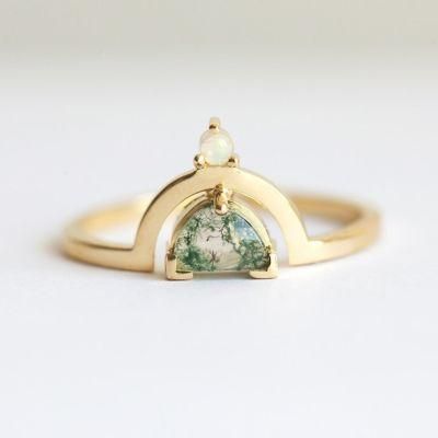 Custom Design Moss Agate Half Moon 925 Silver 14K Gold Vermeil Ring
