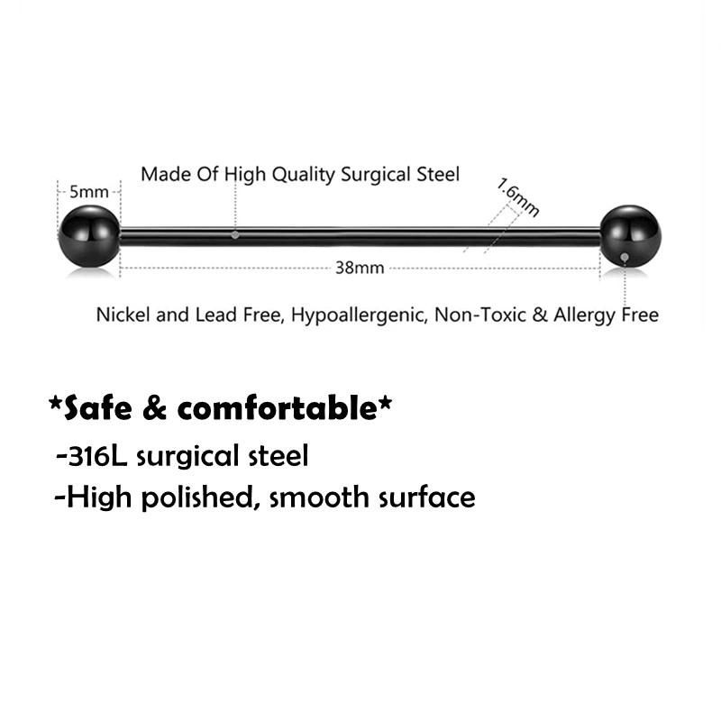 18PCS 14G Industrial Barbell Earrings Cartilage Stainless Steel 38mm Industrial Piercing Bar Body Piercing Jewelry