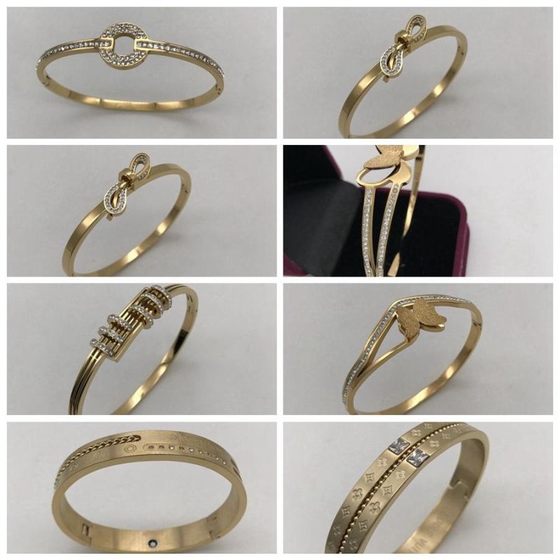 Stainless Steel Letter Girls Boys Jewelry 18K Gold Plated Three Color Lovely Young Girl Zircon Bangle Bracelet