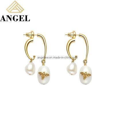 Fashion Accessories Luxury 925 Silver Baroque Pearl Bee Gold Fashion Jewellery Factory Wholesale Beauty Charm Fine Earrings