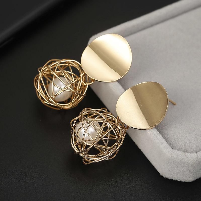 Women Golden Color Round Ball Geometric Earrings Fashion Jewelry Stud Earrings