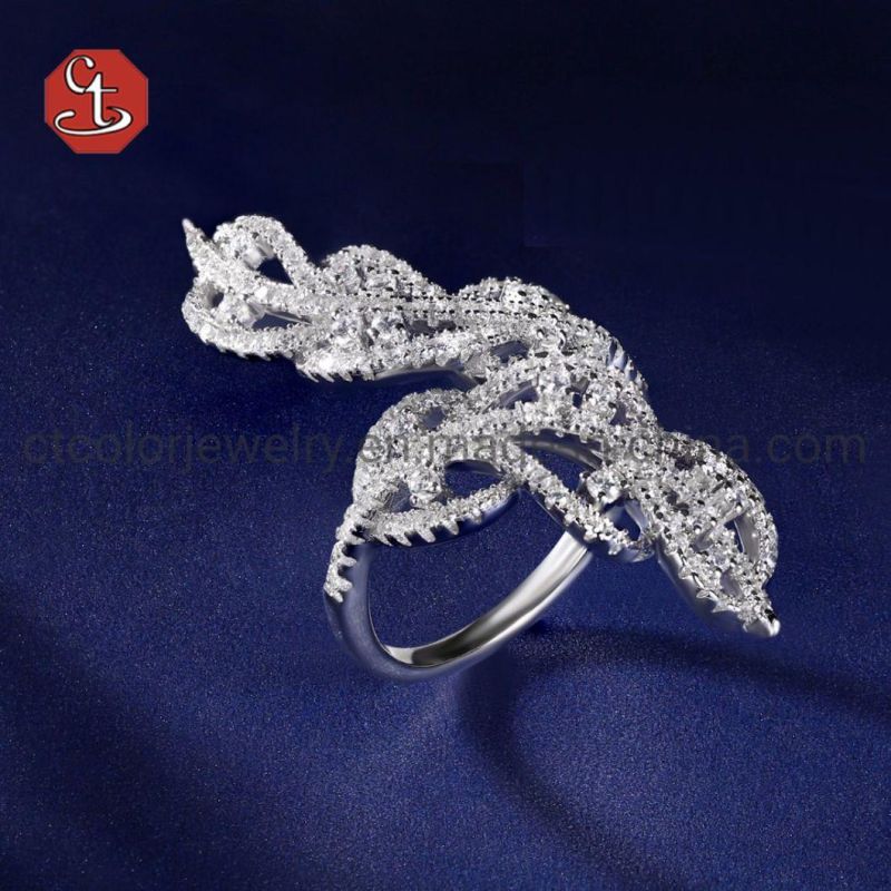 Leaf Shape CZ Silver Open Rings Brass Adjustable Ring Jewelry