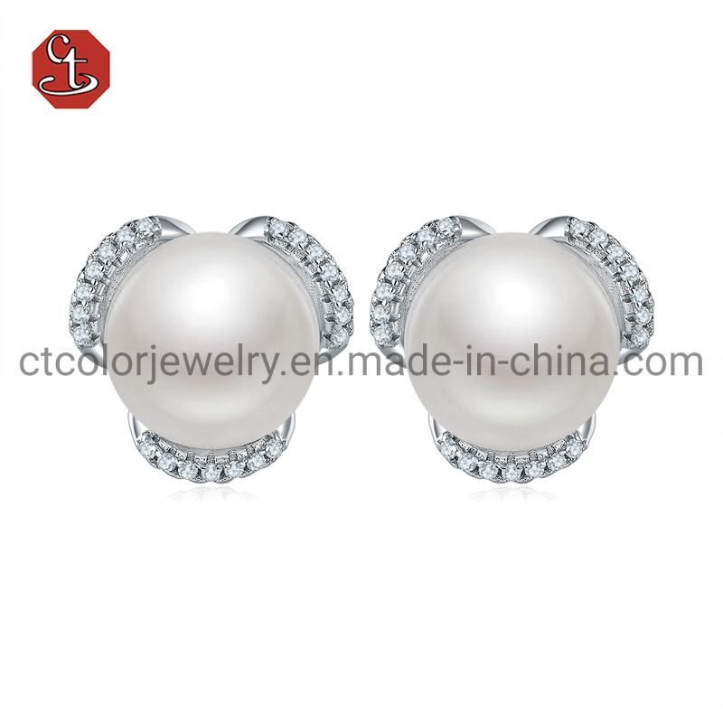 Fashion Jewelry 925 Silver Plated with Freshwater Pearl CZ Stud Earrings for Women