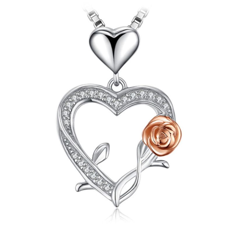 Silver Rose and Heart Pendant/Necklace as Gift for Mother′s Day/Girlfriend