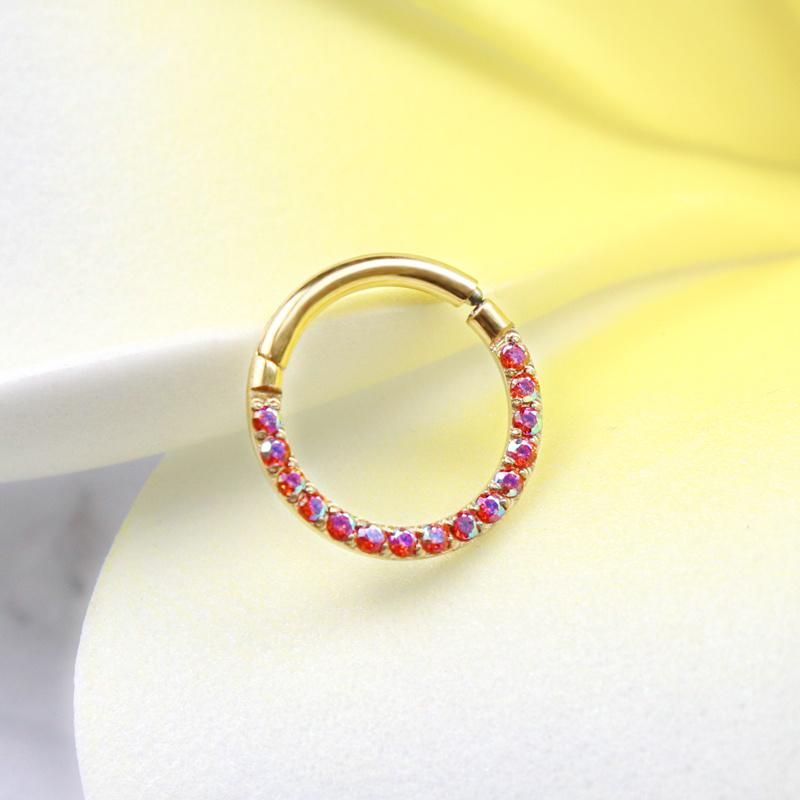 Eternal Metal ASTM F136 Titanium PVD Gold Plated Red Color Cubic Zircon CNC Setting Piercing Segment Ring Clicker