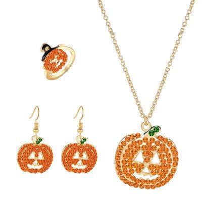 New Halloween Alloy Rhinestone Pumpkin Ring Earrings Necklace Set