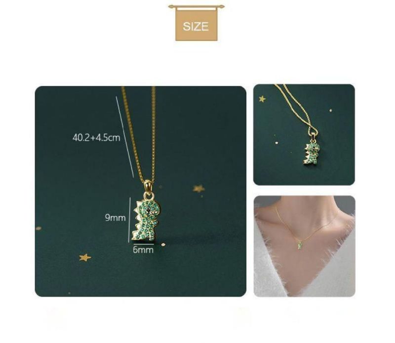 925 Sterling Silver Cute Dinosaur Green Zircon Pendant Clavicle Chain Necklace Women Girls Fashion Jewelry