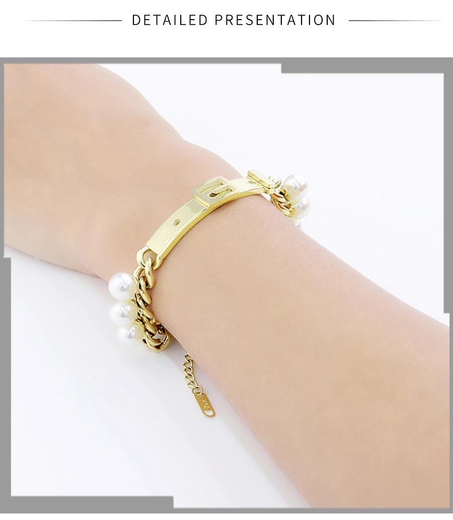 Women′s Stainless Steel Jewelry Inlaid Pearl Bracelet Gold Cuban Bracelet