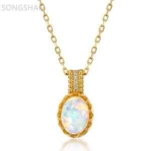 New Design Luxury Jewelry S925 Sterling Silver Gold Plated Synthetic Opal Oval Pendant Necklace