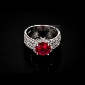 Three Row with Red Corundum Stone Ring in 925 Sterling Silver