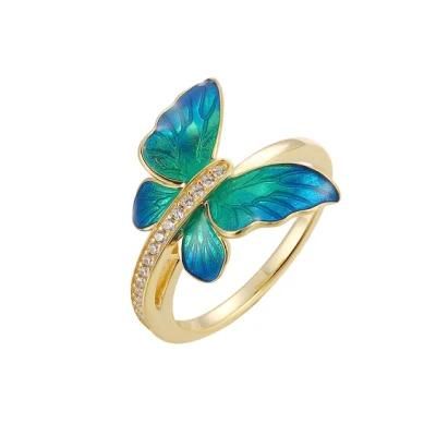 Young Girl&prime;s blue Bufferfly 925 Silver Enamel Ring