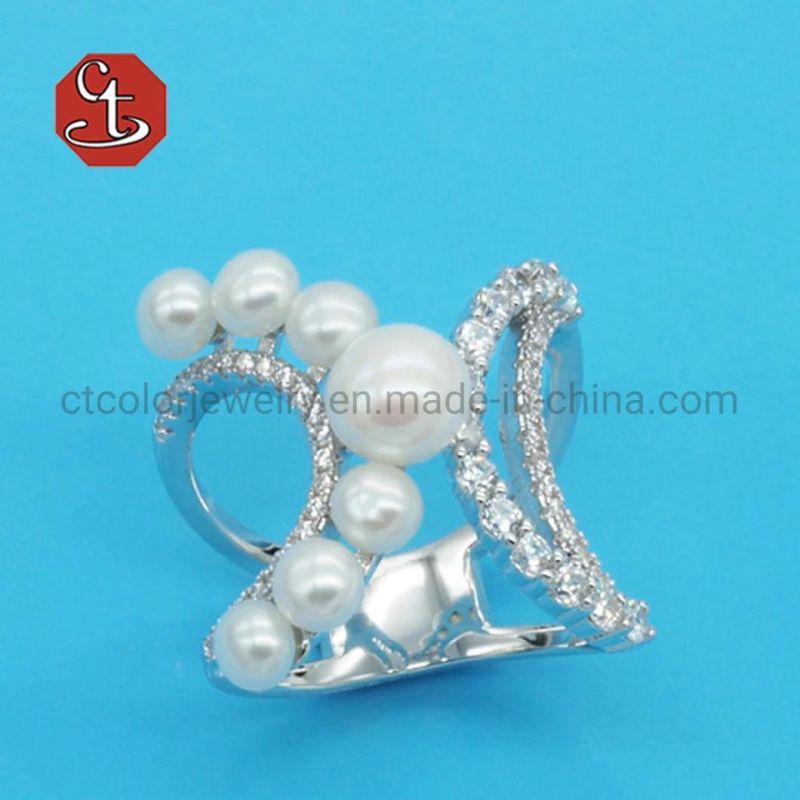 Fashion Jewelry 925 Sterling Silver Trendy Korean Style Wedding Rings for Women Pearl Zircon Opening Rings