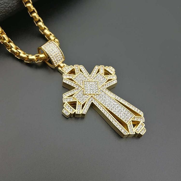 Titanium Steel Color Gold Plated Full Diamond Cross Pendant Necklace