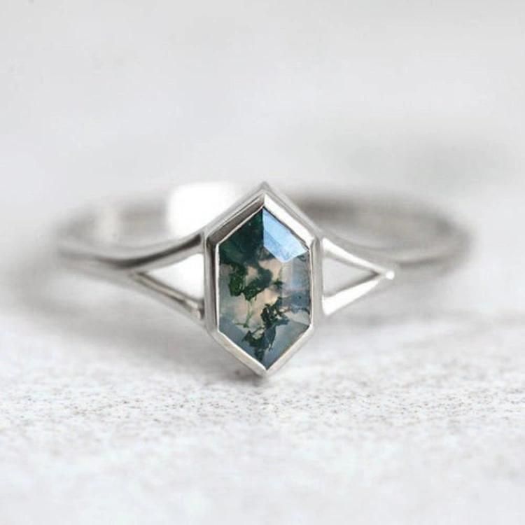 Hexagon-Cut Green Moss Quartz Brezel Sterling Silver Ring Moss Agate Jewelry Vintage Ring