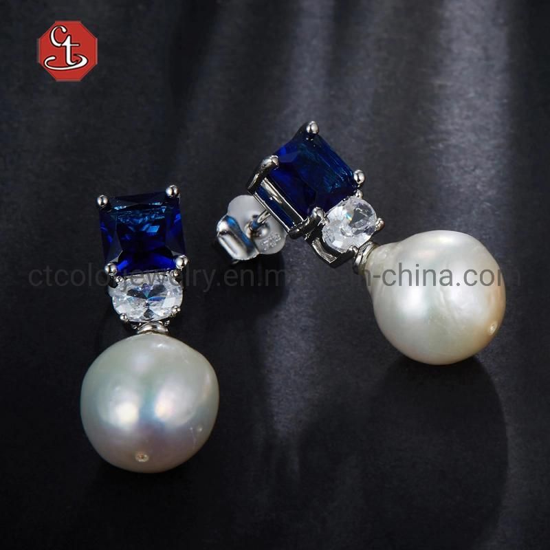 White Baroque Pearl Silver or Brass Earrings Blue CZ Stud Earrings Freshwater Pearl Drop Earring