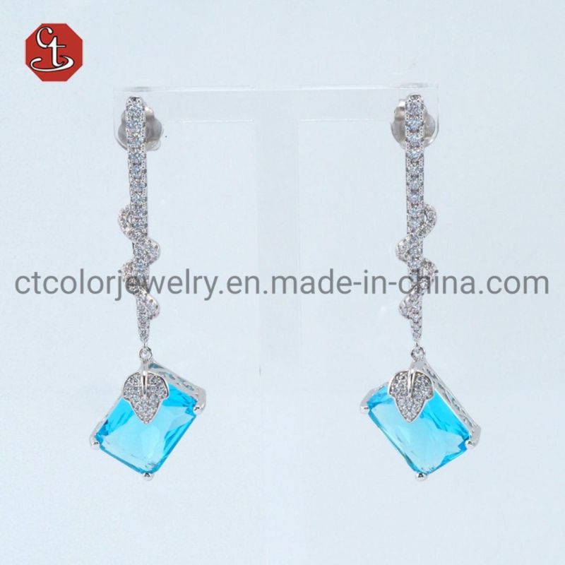 Rectangle Aquamarine Coffee Stone Earrings Jewerly Elegant Brass Earring with CZ